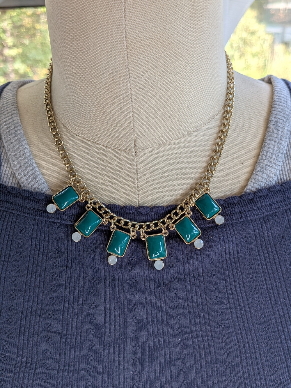 Emerald Green & Opaline Faux Gemstone Gold Tone Statement Bib Necklace